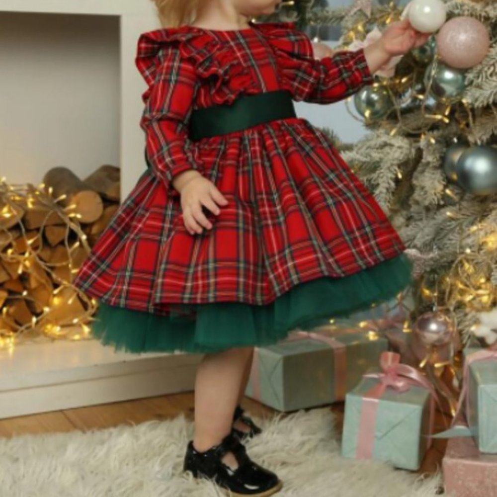 Plaid Tartan Green Long Sleeve Christmas Girl Outfit Clothes Dress